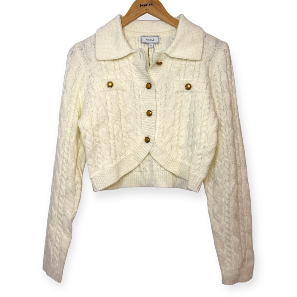 RIHOAS Ivory Cable Knit Cropped Cardigan Gold Buttons Size M NWT